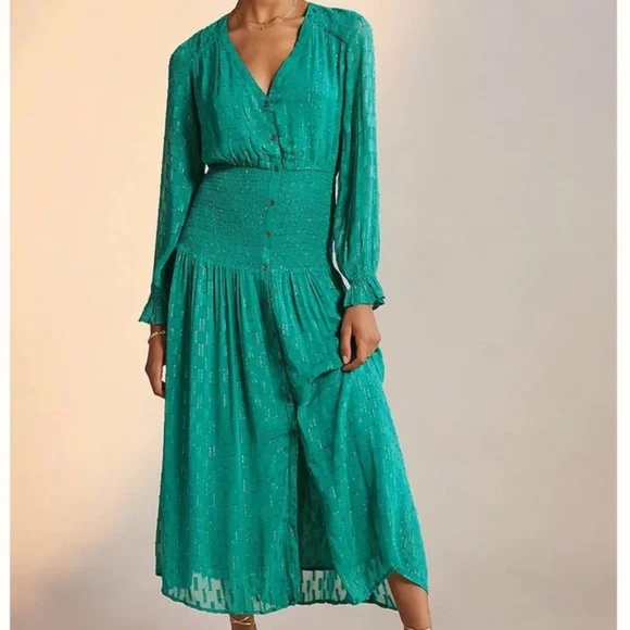 Anthropologie Smocked Maxi Dress Green w Gold Swiss Dot Size Small - Picture 1 of 10